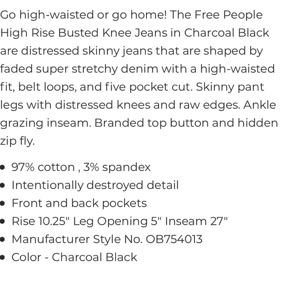 Free People high rise busted skinny jeans in charcoal black NWT size 24 - Picture 11 of 11